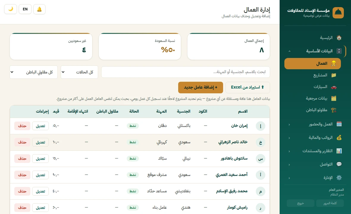 شاشة سجل العمال تعرض جدولًا بأسماء العمال ومهنهم وحالتهم
